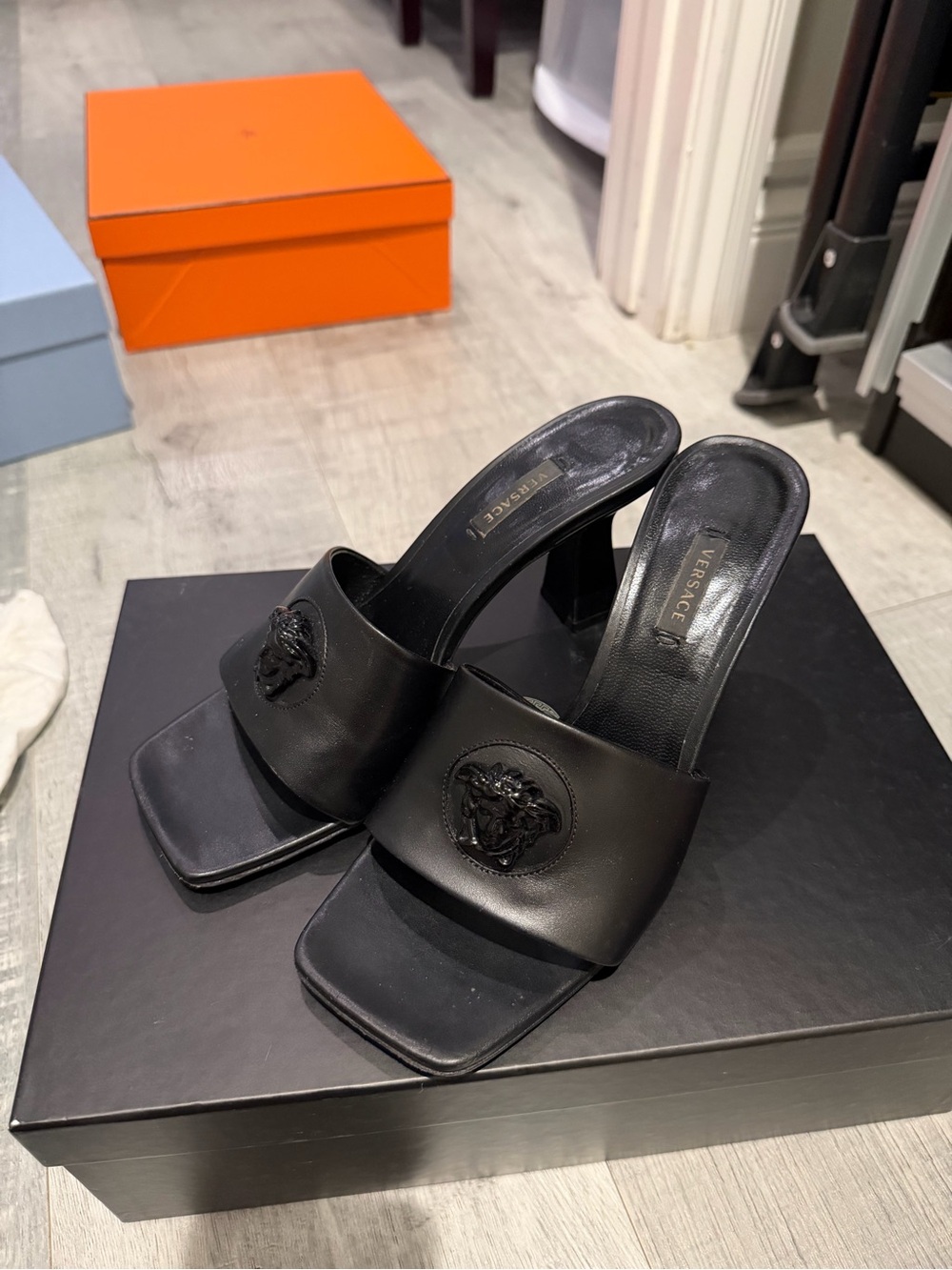 Versace Black Leather Medusa Slide Mules